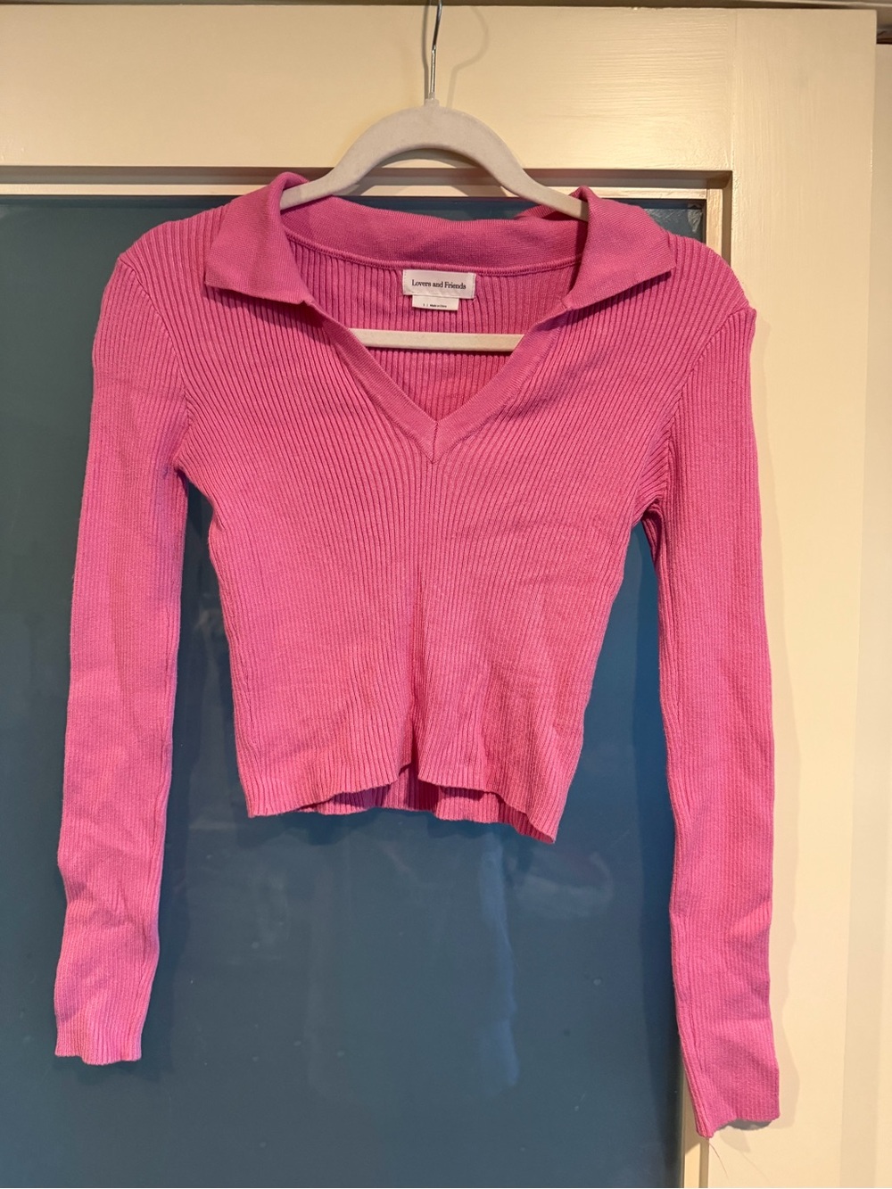 Lovers + Friends Bubblegum Pink Ribbed Collared V-Neck Long Sleeve Top